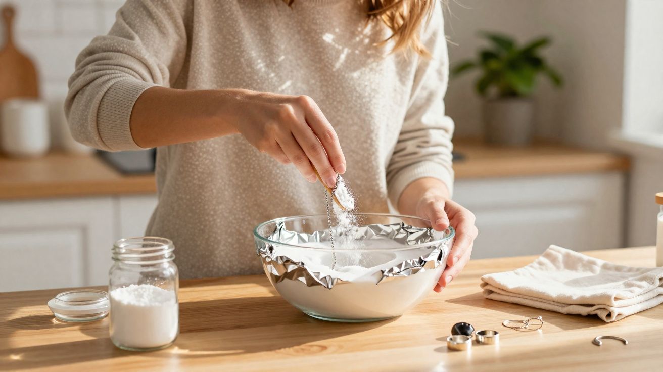Pessoa peneirando farinha em uma tigela de vidro sobre mesa de madeira na cozinha iluminada.