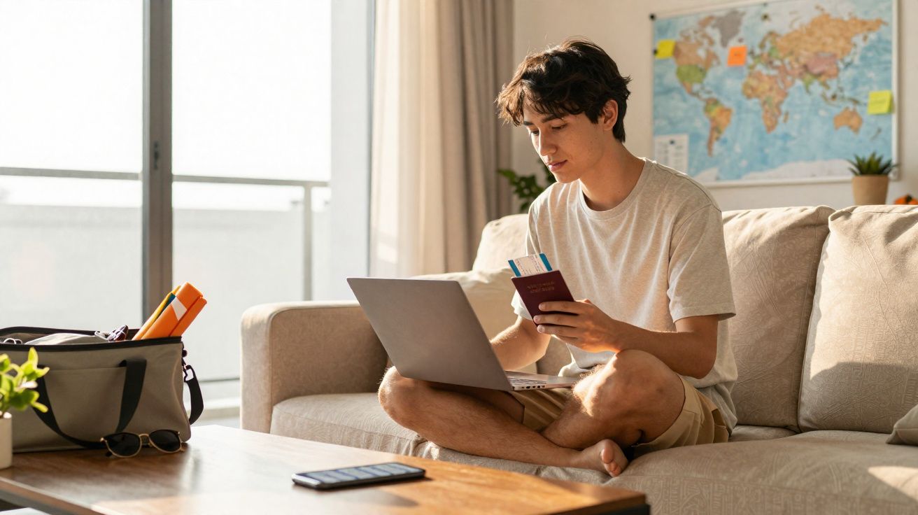 Jovem sentado no sofá com laptop, segurando passaporte e cartões, preparando viagem em ambiente iluminado.