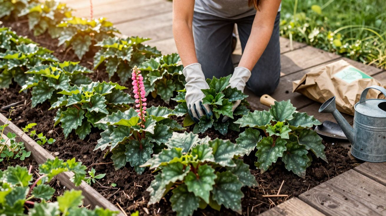 Pessoa plantando begônias em canteiro de madeira com ferramentas e regador ao lado.