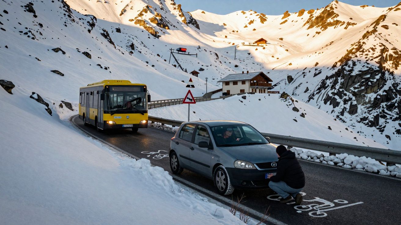 Carro cinza na beira da estrada com pessoa ajustando o pneu, ônibus amarelo ao fundo e montanhas nevadas.
