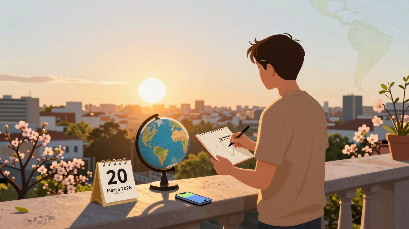 Jovem escrevendo em caderno ao pôr do sol com globo, celular e calendário na sacada.