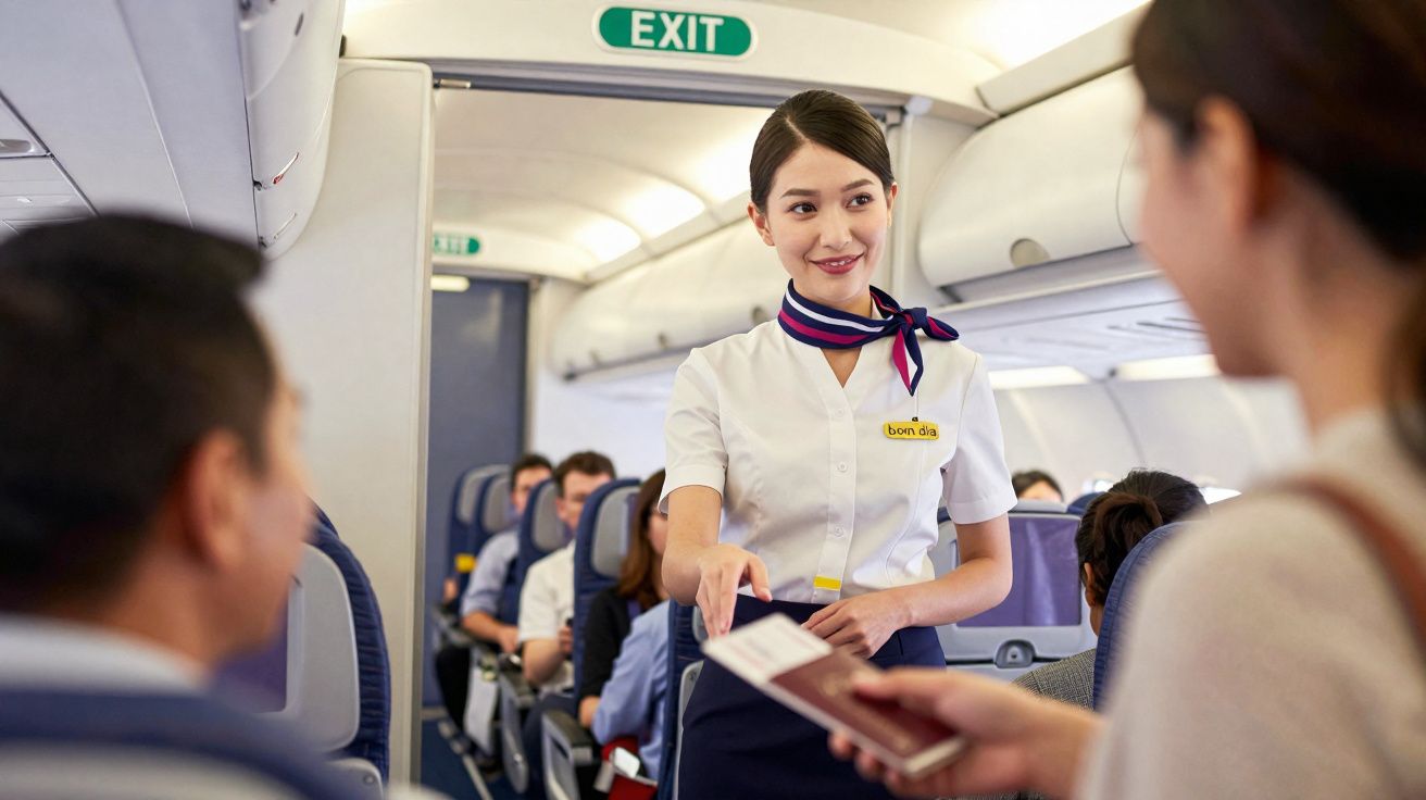 Comissária de bordo sorrindo enquanto atende passageira dentro de avião em voo comercial.