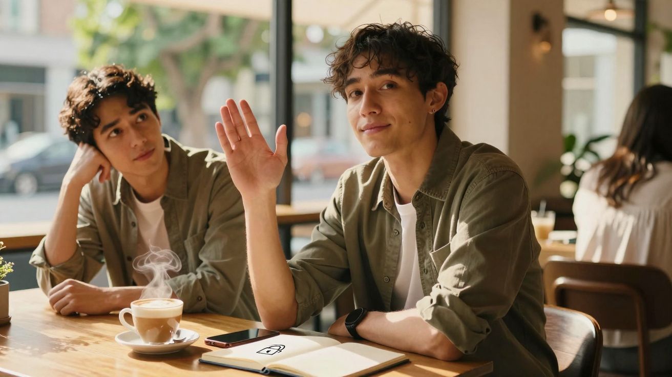 Jovem com camisa verde acenando sentado à mesa de café com outro jovem ao lado e notebook aberto.
