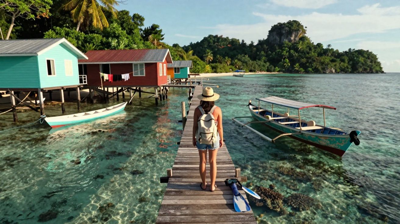 Mulher com chapéu e mochila em pier de madeira sobre mar cristalino ao lado de barcos e casas coloridas em palafita.
