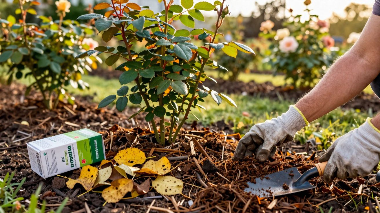 Pessoa com luvas cuidando do solo de roseira com pá pequena e caixa de produto hortícola ao lado.