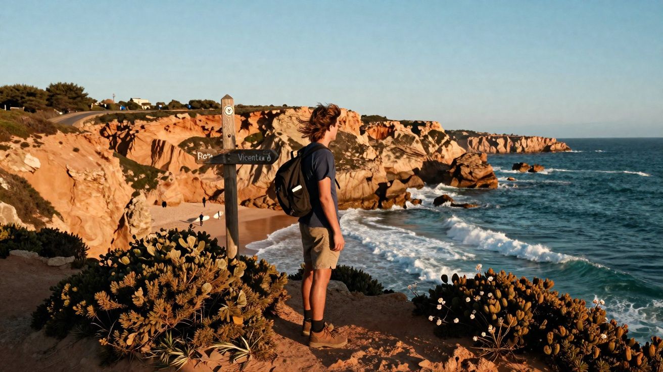 Homem com mochila observa o mar e falésias em um mirante ensolarado à beira da praia.