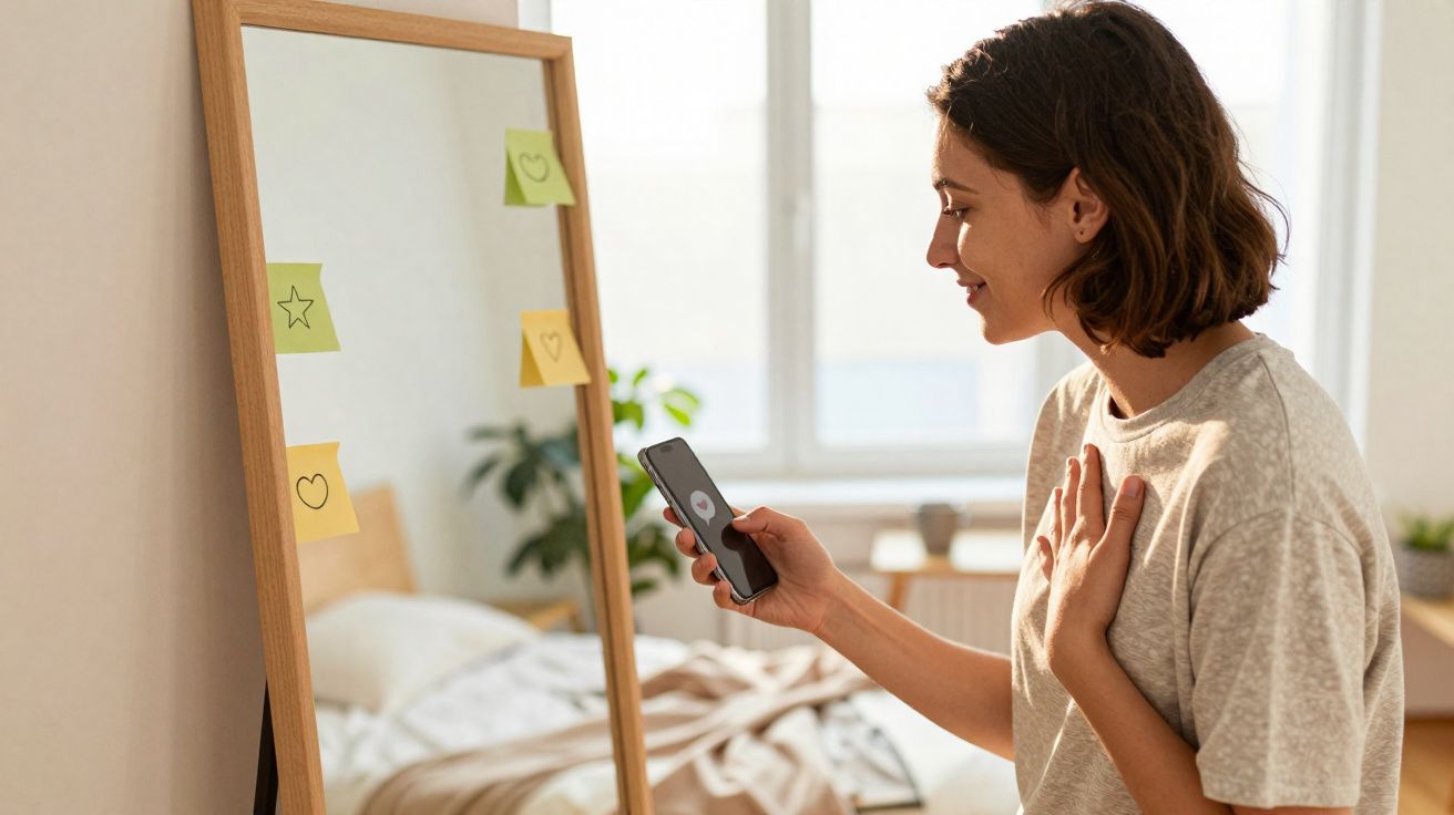Mulher sorrindo olha para celular em frente a espelho com post-its coloridos em quarto iluminado pela luz natural.
