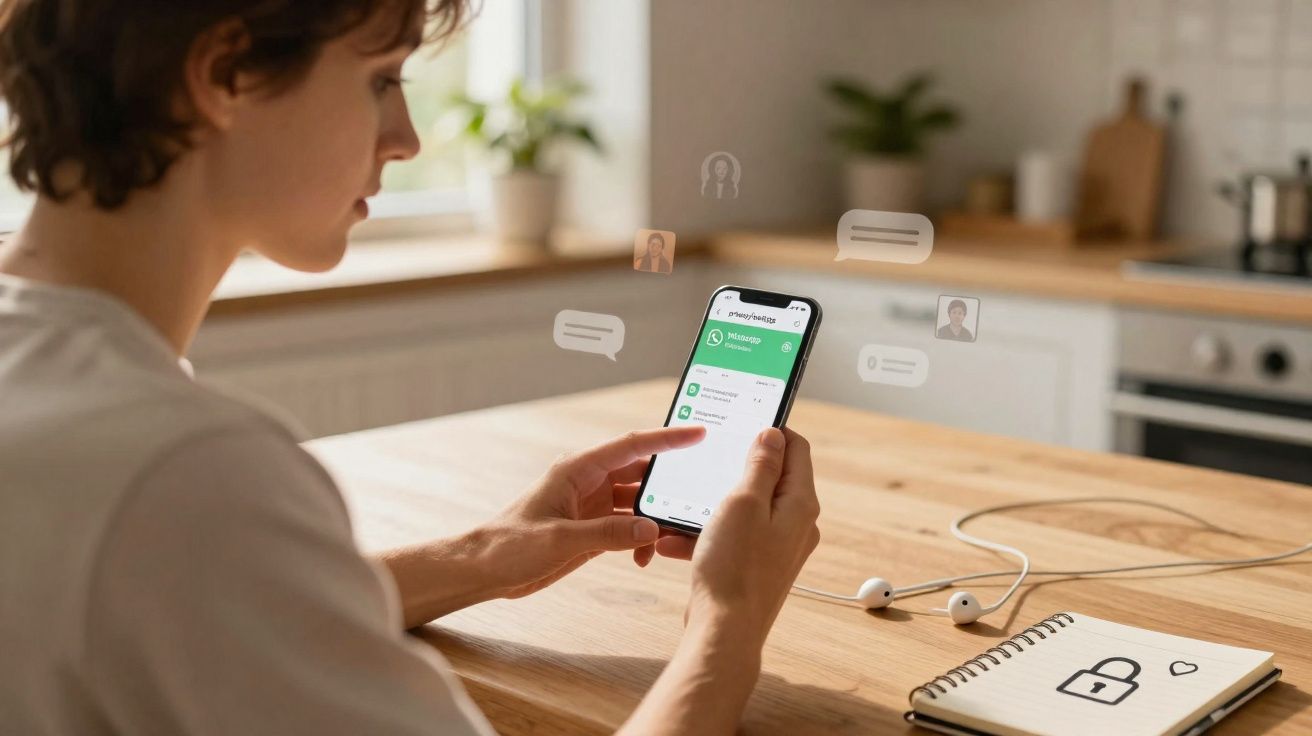 Pessoa usando celular para enviar mensagens pelo aplicativo WhatsApp em mesa de madeira clara em ambiente doméstico.