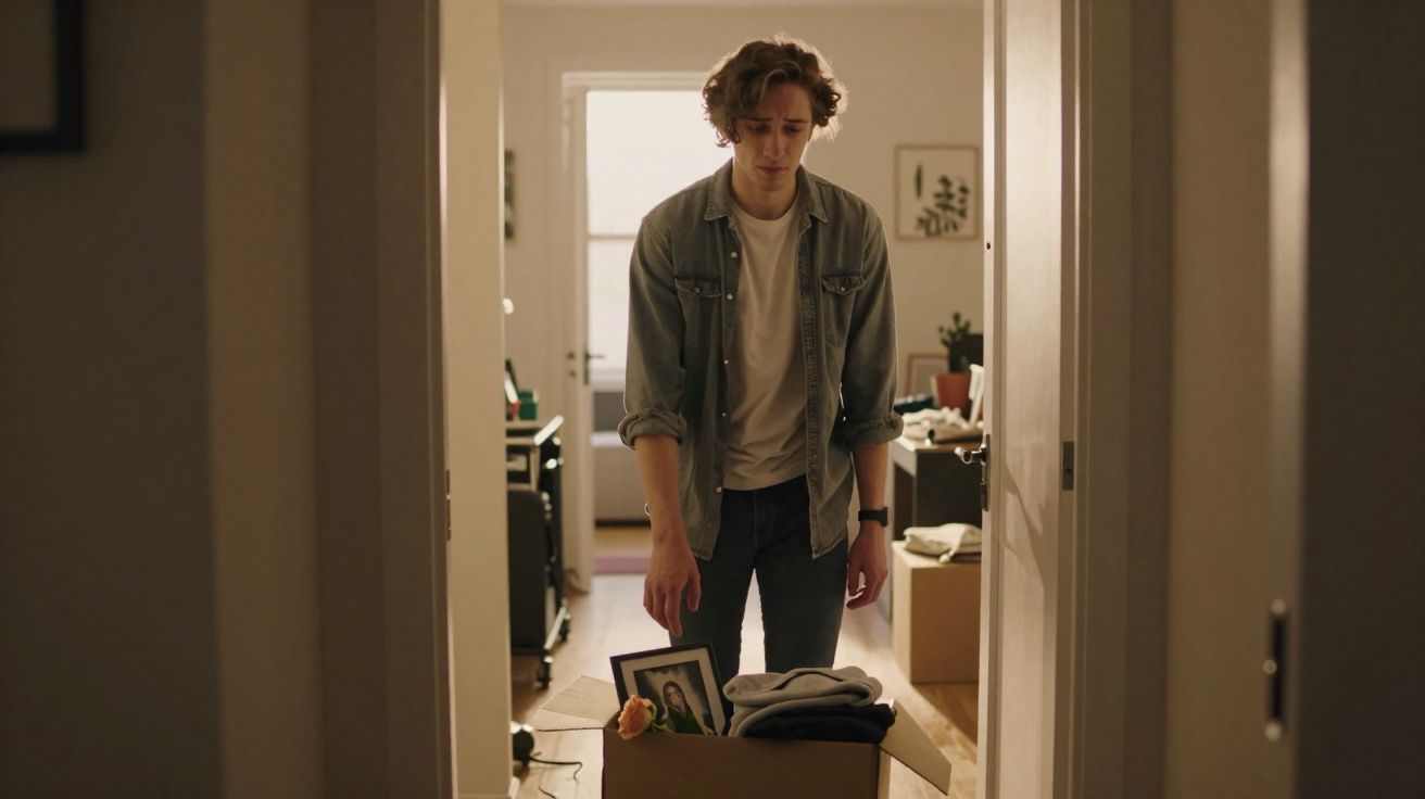 Jovem com expressão triste olhando para caixa com objetos pessoais em um cômodo iluminado.