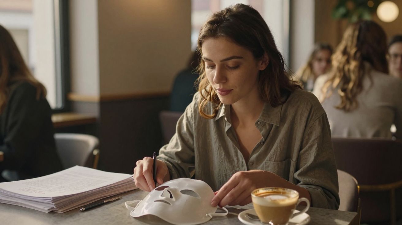 Mulher sentada à mesa escreve segurando máscara branca, com café e pilha de documentos no café.
