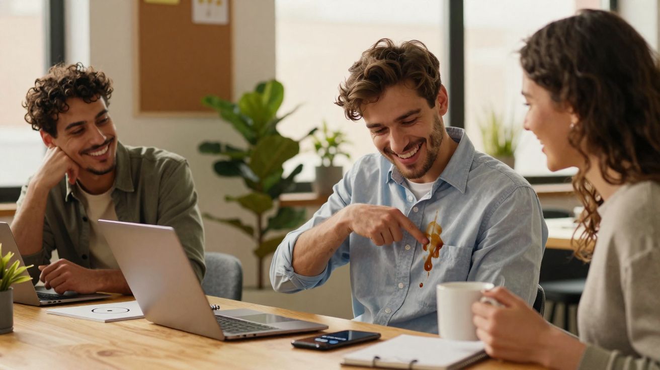 Homem aponta para mancha de café na camisa, cercado por colegas sorridentes em escritório moderno.