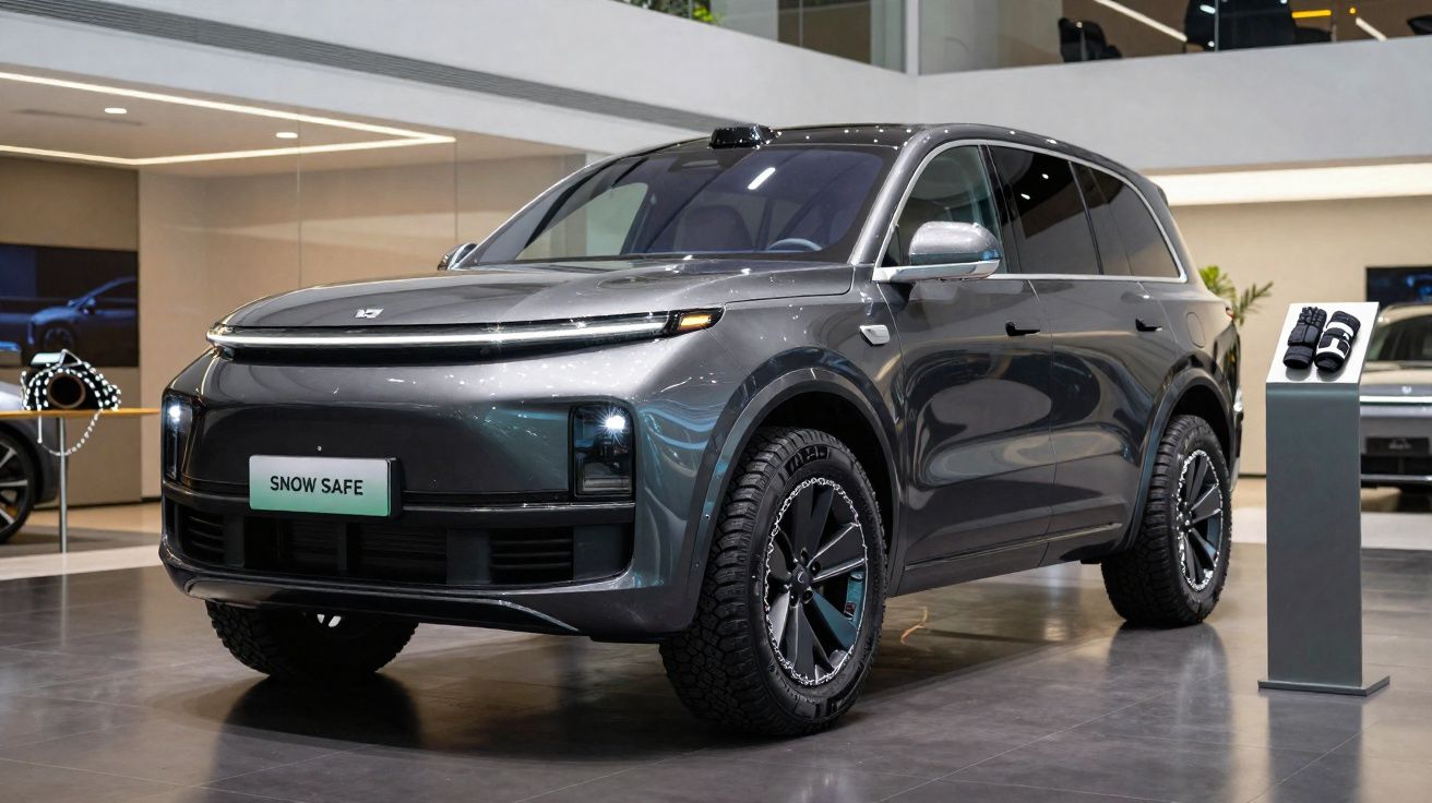 SUV elétrico cinza exposto em showroom moderno com placa personalizada "SNOW SAFE".