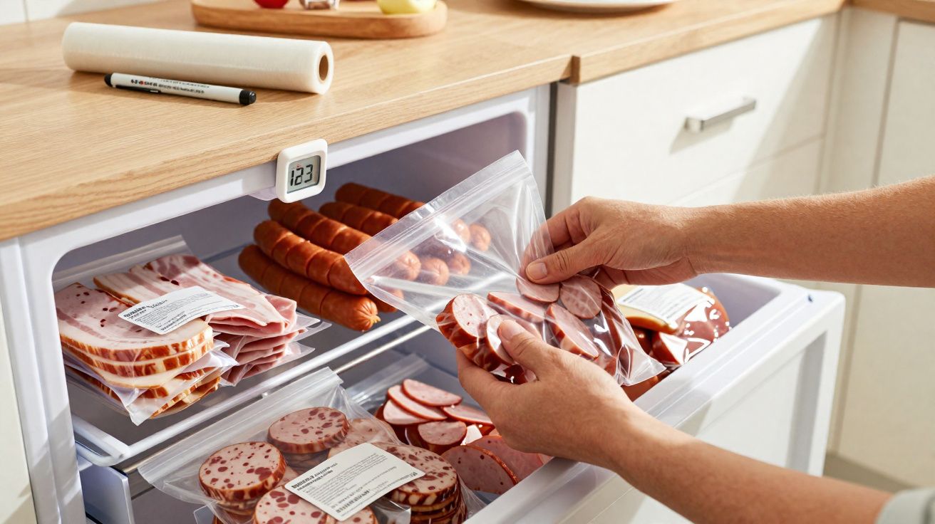 Mãos seguram saco plástico com linguiça fatiada dentro de freezer com embutidos e termômetro digital.
