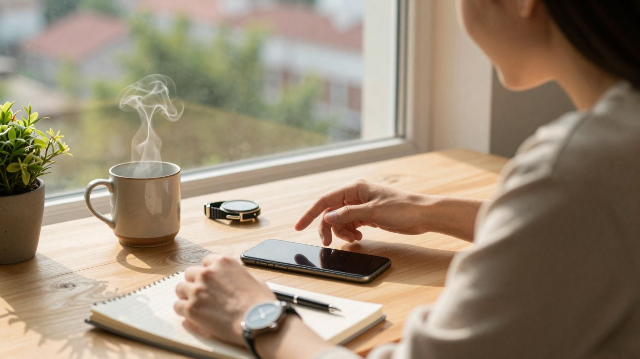 Pessoa usando smartphone à mesa com café quente, caderno, caneta e planta perto da janela iluminada pelo sol.