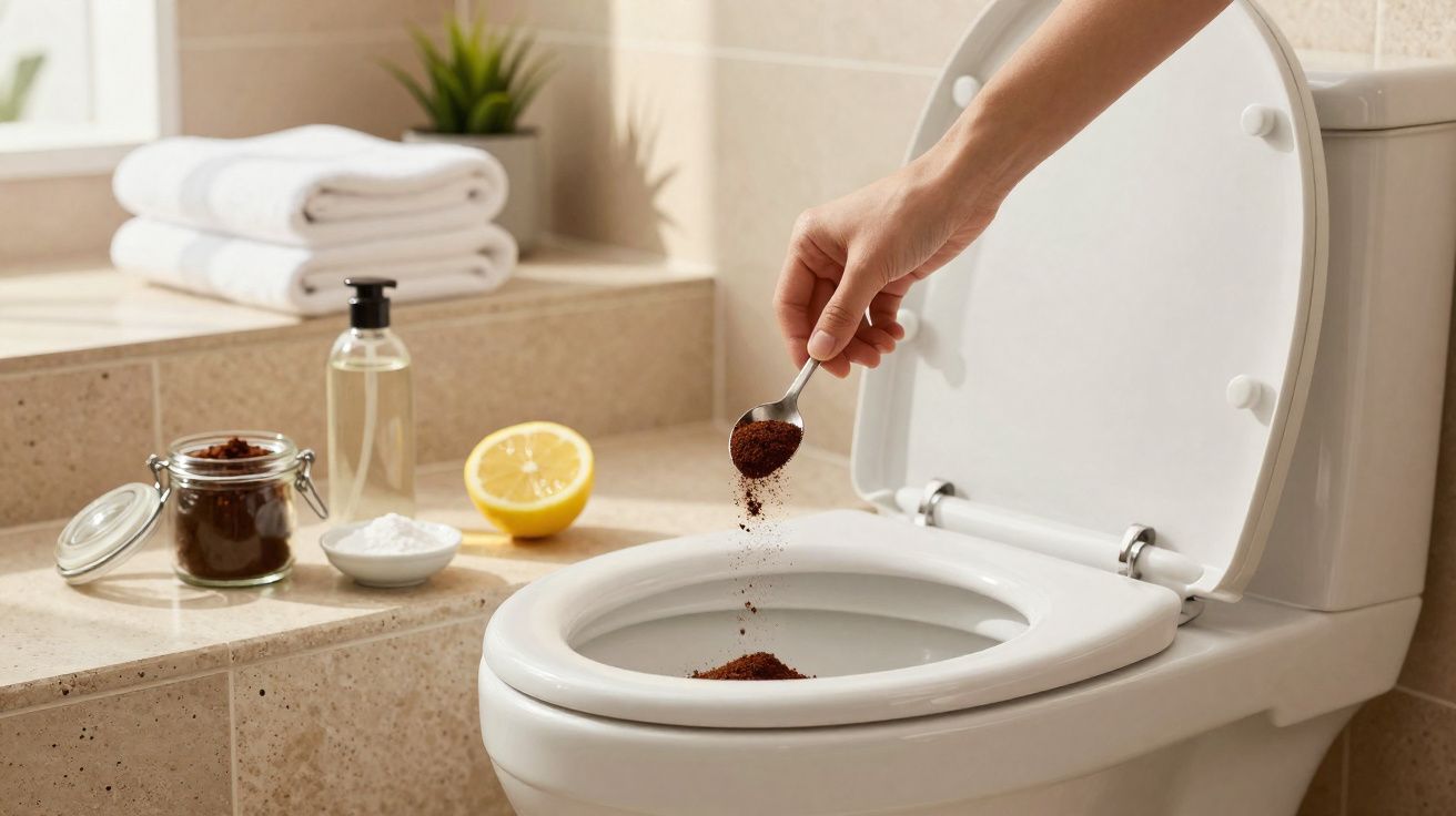 Pessoa despejando pó de café no vaso sanitário para limpeza, ao lado produtos naturais sobre bancada.