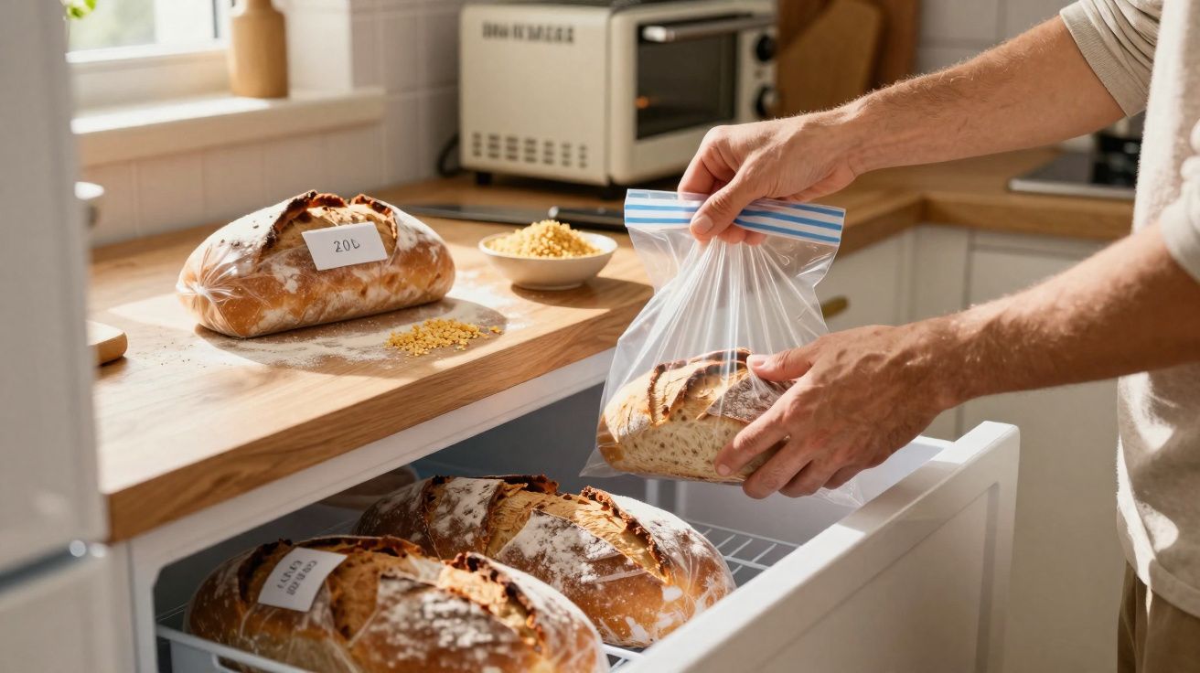 Pessoa guardando pão fatiado em saco plástico, com pães inteiros etiquetados em freezer de cozinha.