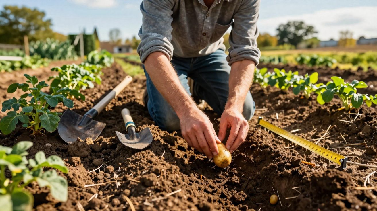 Pessoa plantando batata em solo agrícola com ferramentas de jardinagem ao redor em dia ensolarado.