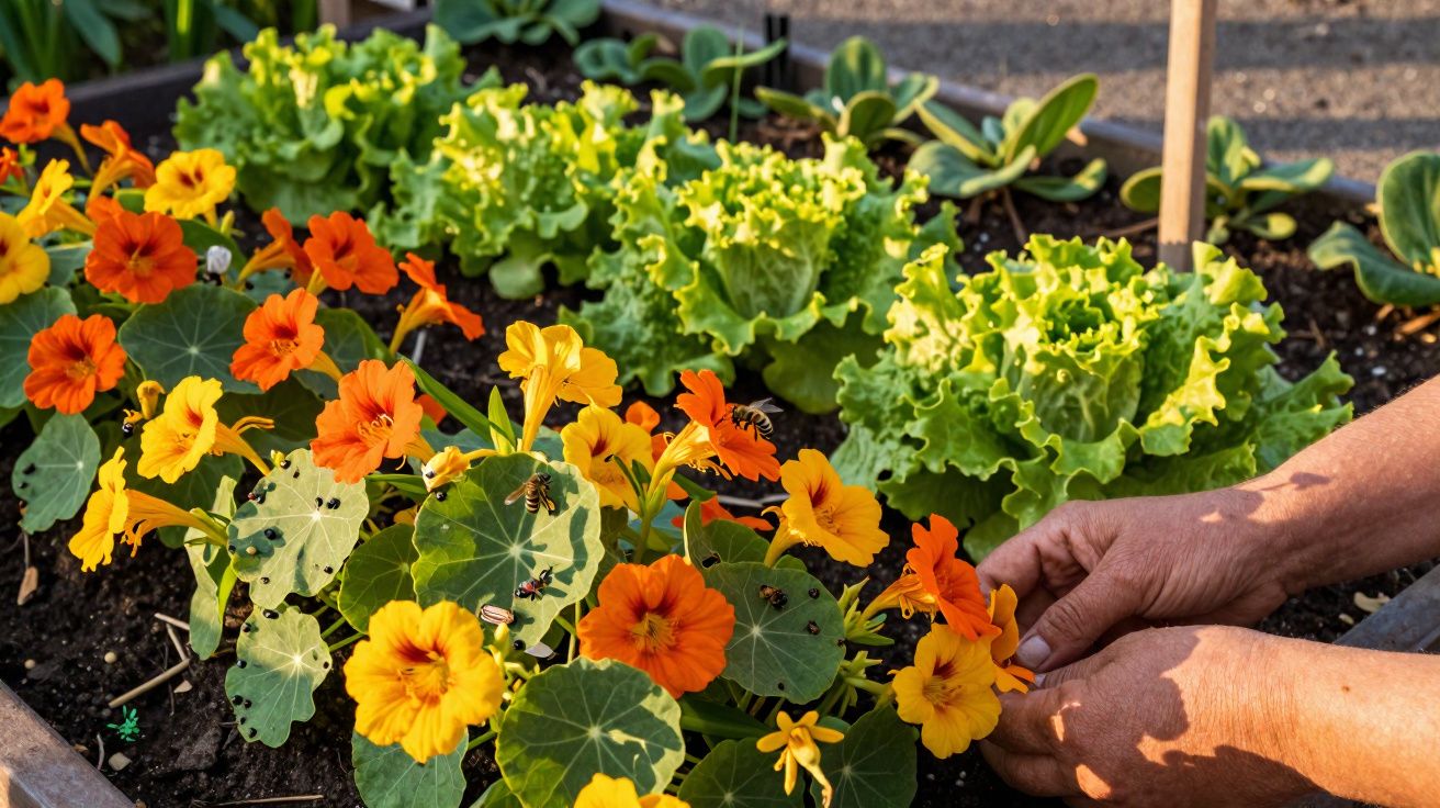 Mãos cuidando de flores laranja e amarelas em canteiro com alfaces verdes ao fundo.