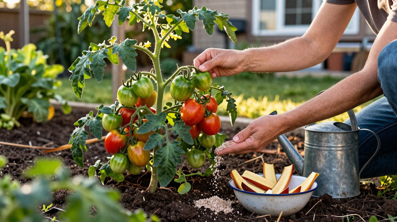 Pessoa aplicando fertilizante em planta de tomate com frutos verdes e maduros em jardim caseiro.
