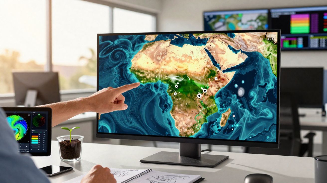 Pessoa apontando para mapa digital da África exibido em monitor de computador em ambiente de escritório.