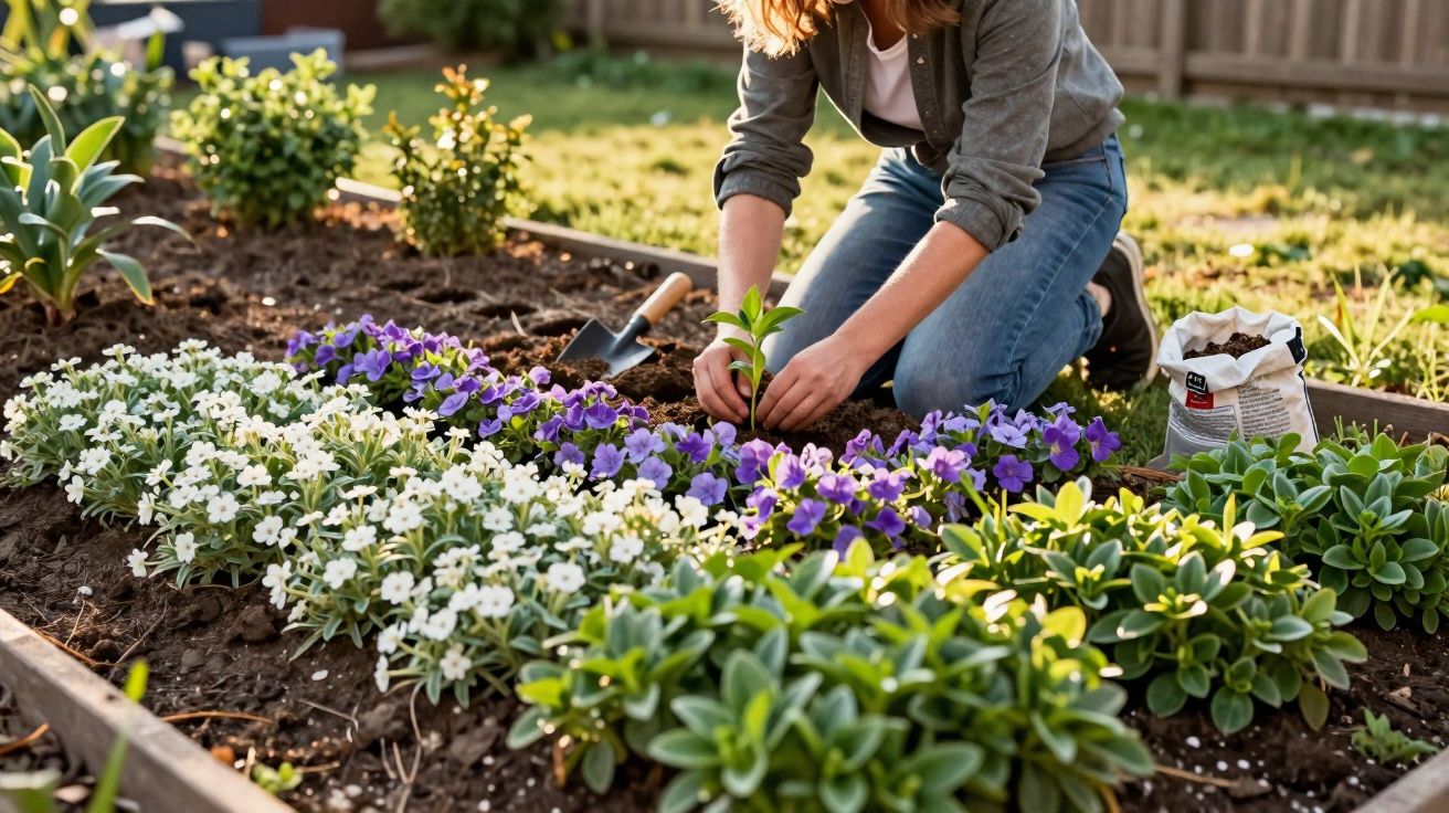 Pessoa plantando flores roxas em canteiro de jardim com flores brancas e verde ao redor.