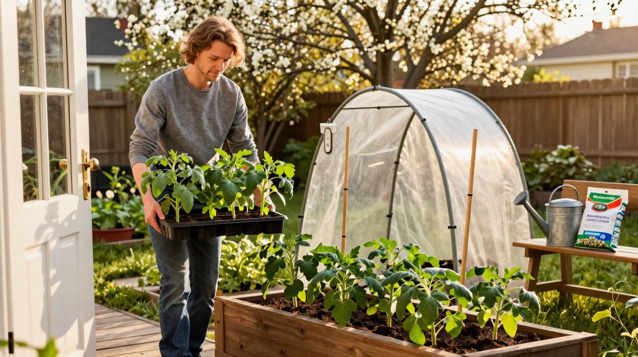 Homem carregando bandeja de mudas em jardim com estufa pequena e canteiro elevado ao ar livre.