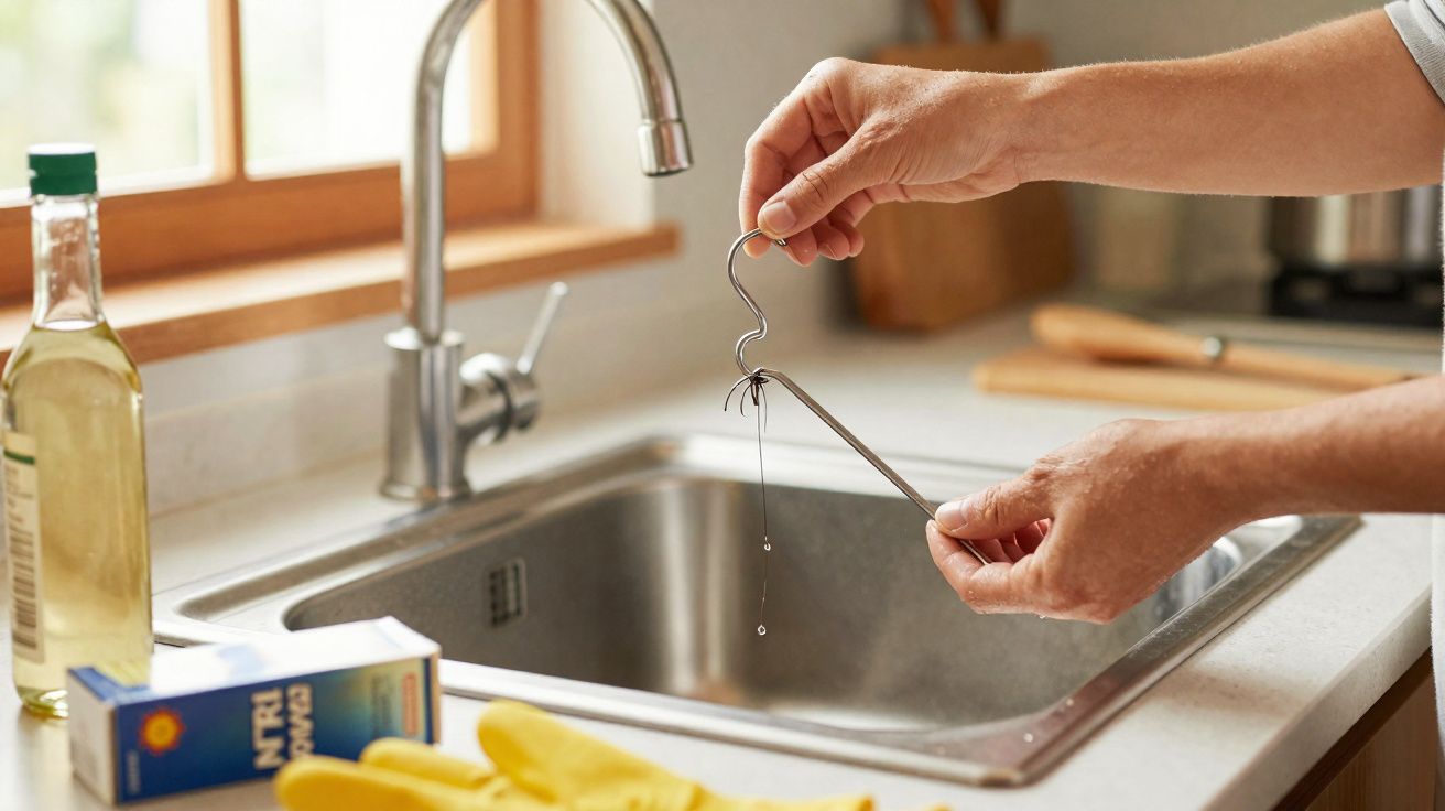 Pessoa usando ferramenta para retirar aranha da pia de cozinha com torneira e produtos de limpeza ao fundo.