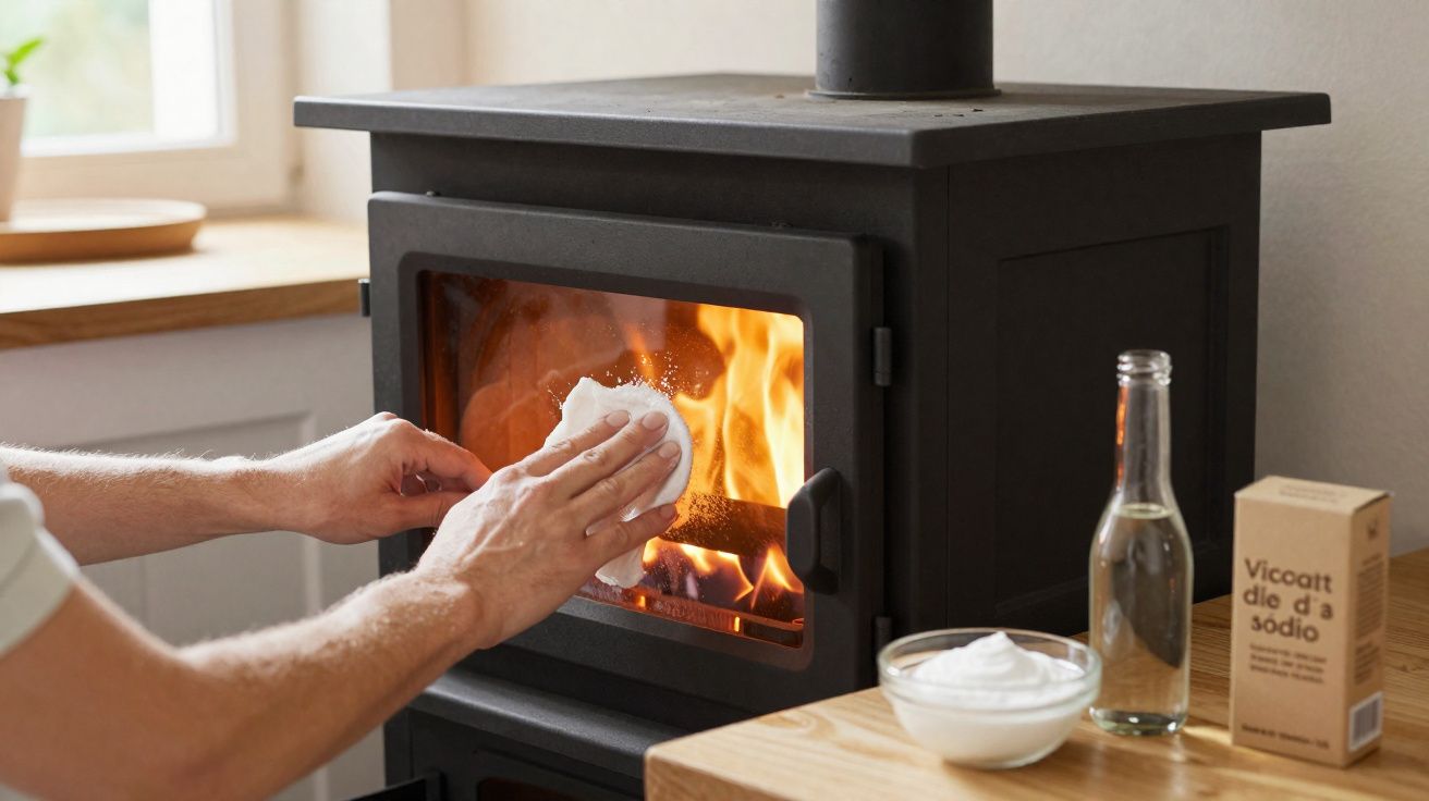 Pessoa limpando a porta de vidro de uma lareira à lenha acesa com um pano branco.