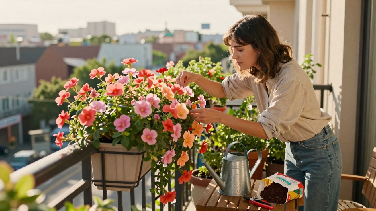 Mulher cuidando de flores coloridas em varanda ensolarada com regador e terra sobre mesa.