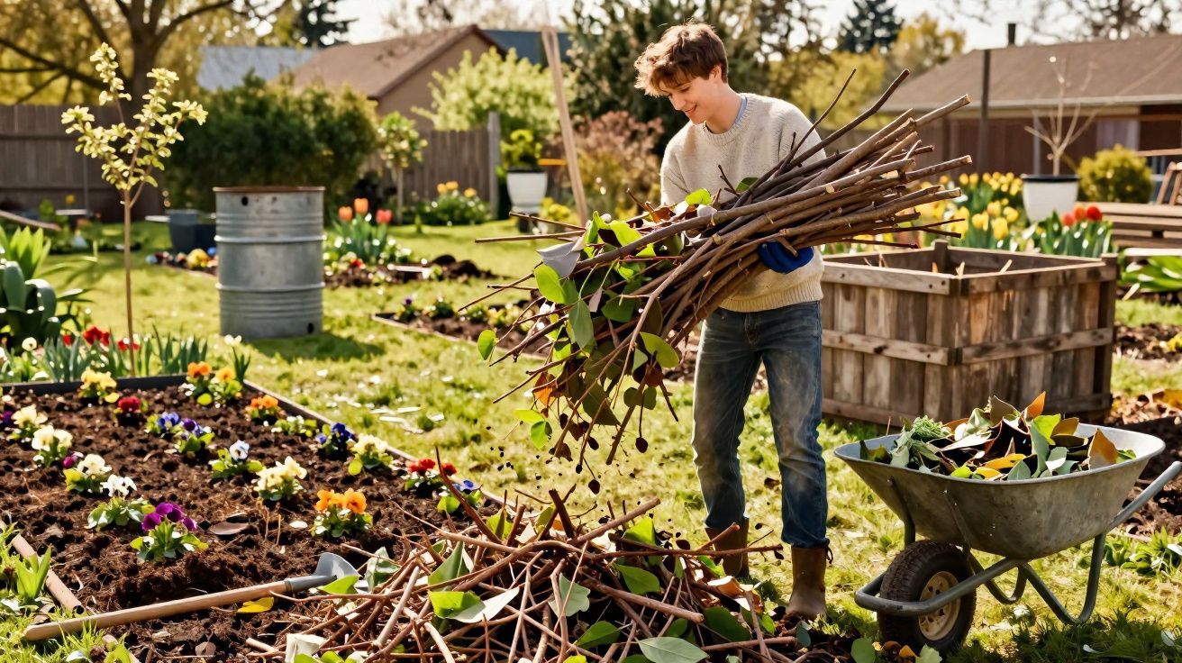 Jovem organizando galhos em um jardim com flores, carrinho de mão e utensílios de jardinagem ao redor.