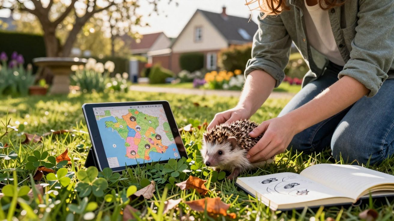Pessoa segurando um ouriço em um jardim com tablet mostrando mapa e livro aberto ao lado durante o dia.
