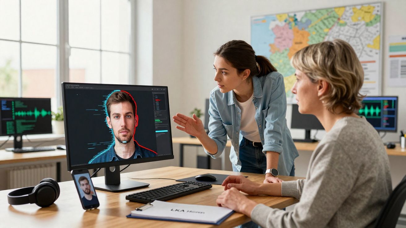 Duas mulheres analisam imagem facial de homem em computador numa sala de escritório com mapa na parede.