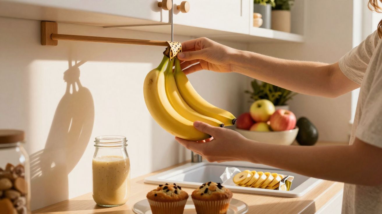 Pessoa segurando cacho de bananas na cozinha com muffins, smoothie e frutas em bancada iluminada pelo sol.