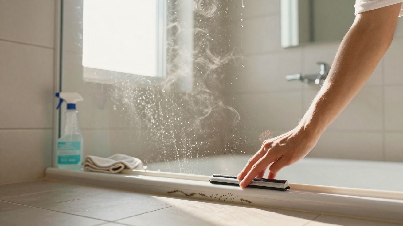 Pessoa limpando porta de vidro com um raspador em banheiro iluminado pela luz natural.