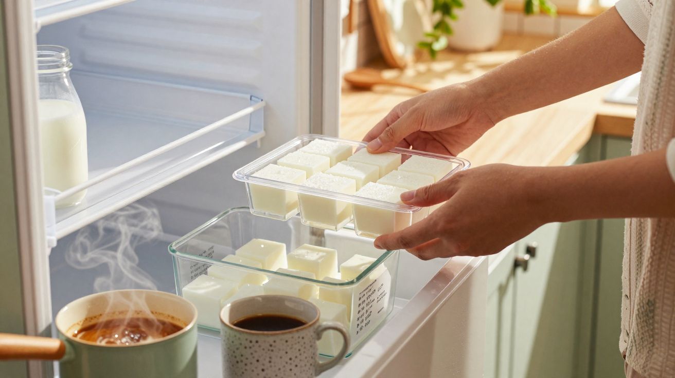 Mãos colocando bandeja com cubos de gelo no freezer, ao lado de copos com café quente e leite.