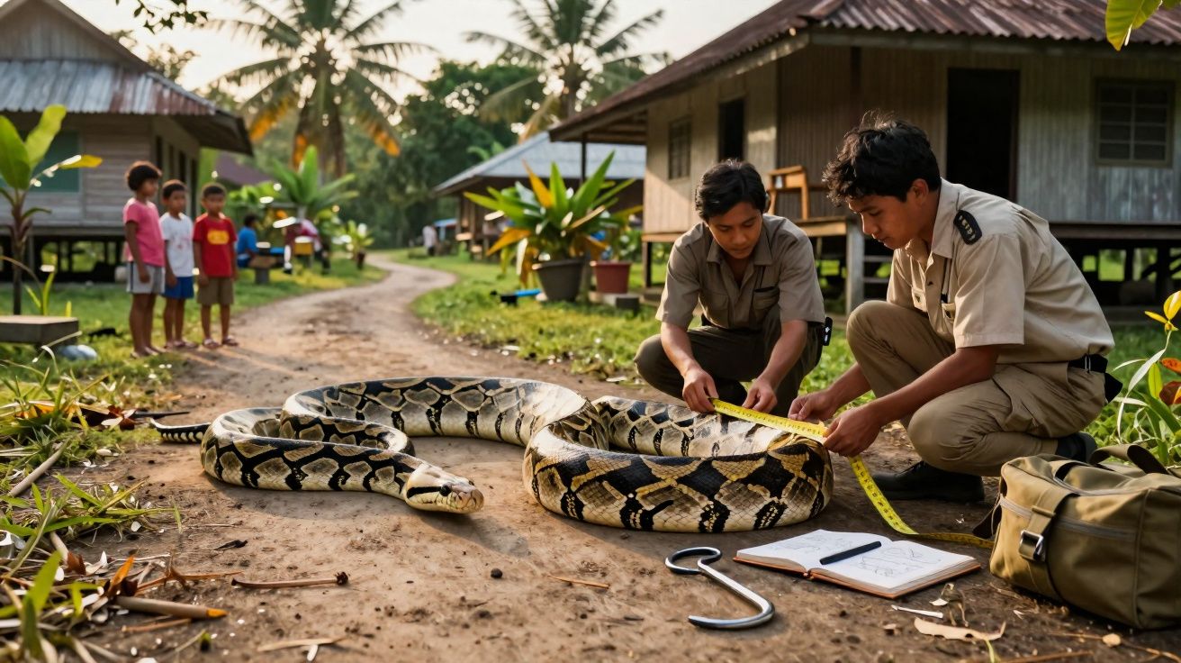 Dois homens medem uma grande píton no chão de uma vila rural com casas de madeira, enquanto crianças observam ao fundo.