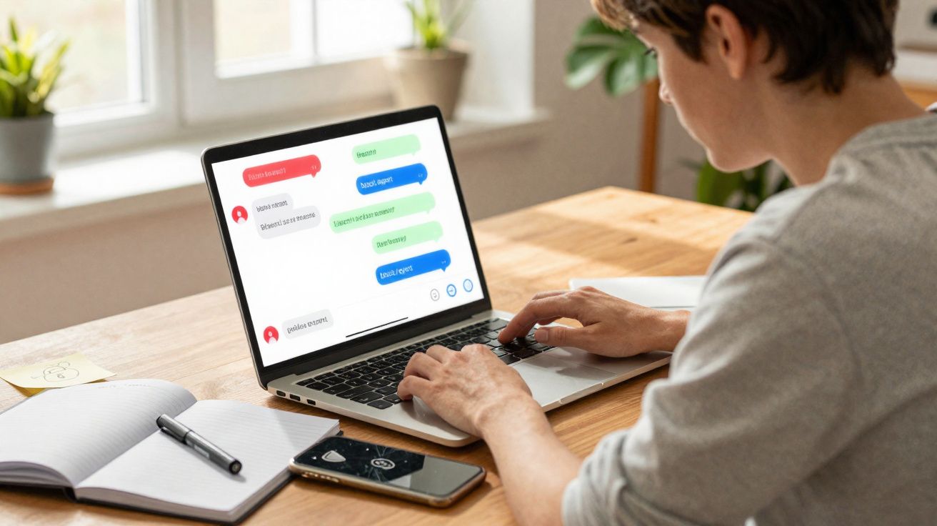 Pessoa digitando mensagens em um laptop com celular e caderno sobre a mesa próxima à janela.