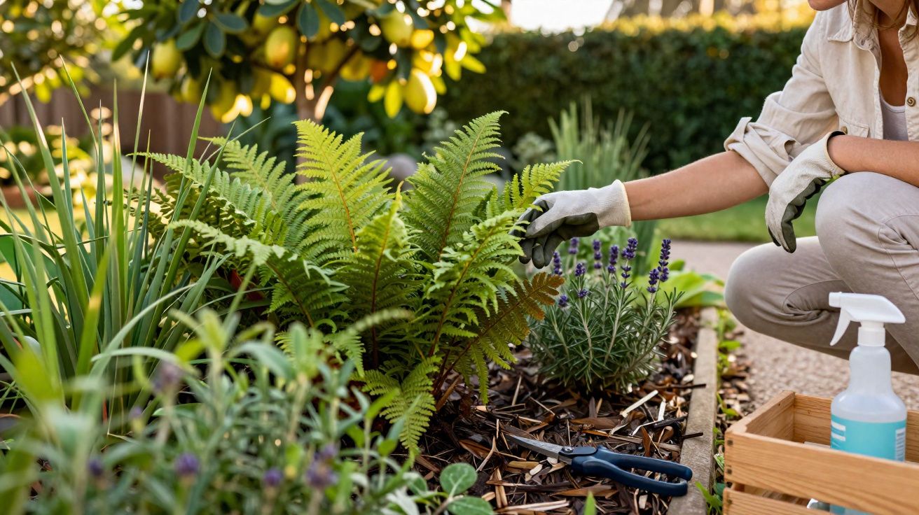Pessoa cuidando de plantas em jardim com luvas e ferramentas de jardinagem ao lado.