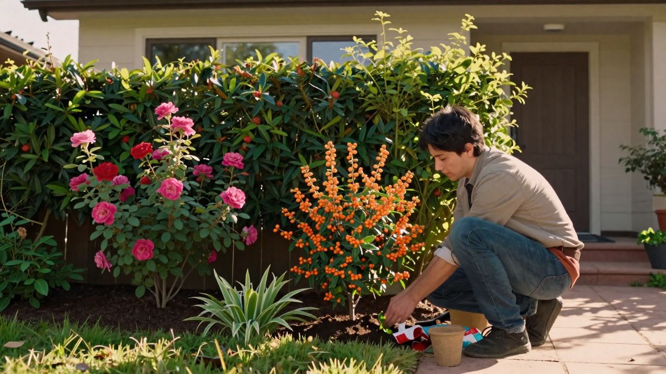 Homem agachado cuidando de plantas e flores no jardim de casa ensolarado.