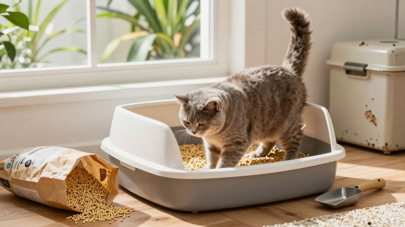 Gato cinza em uma caixa sanitária com pellets de madeira, ao lado de um saco aberto e uma pá.