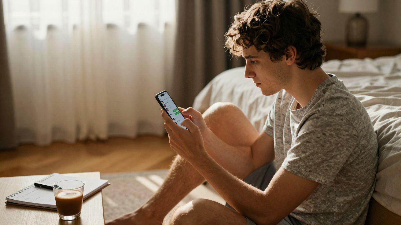 Jovem sentado no chão ao lado da cama, usando celular e com copo de café sobre mesa baixa em ambiente iluminado.
