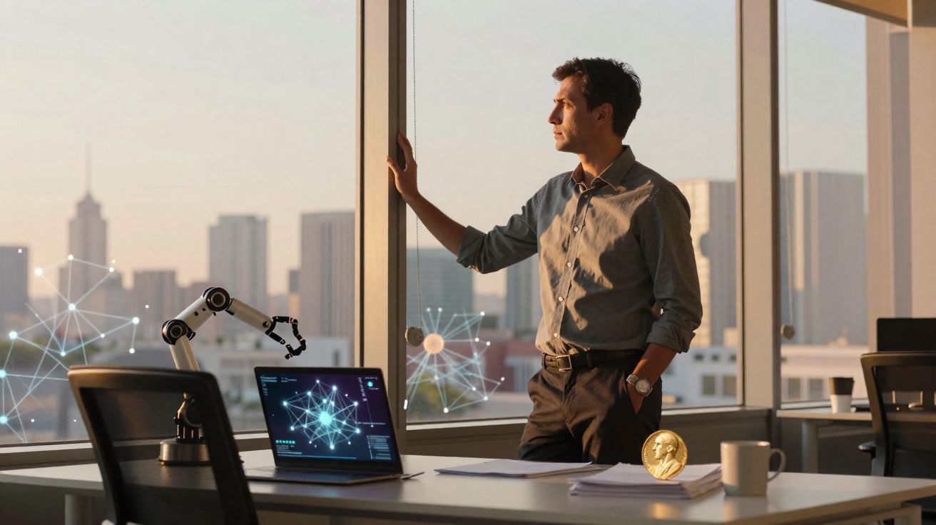 Homem contemplando a cidade pela janela de escritório moderno com laptop e braço robótico na mesa.