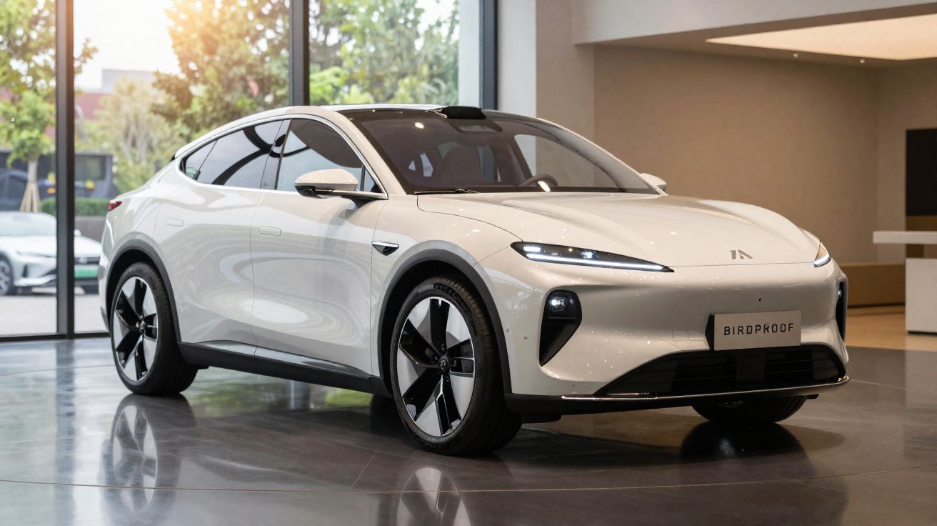 Carro elétrico branco Birdproof estacionado em ambiente interno com piso refletivo e janela ao fundo.