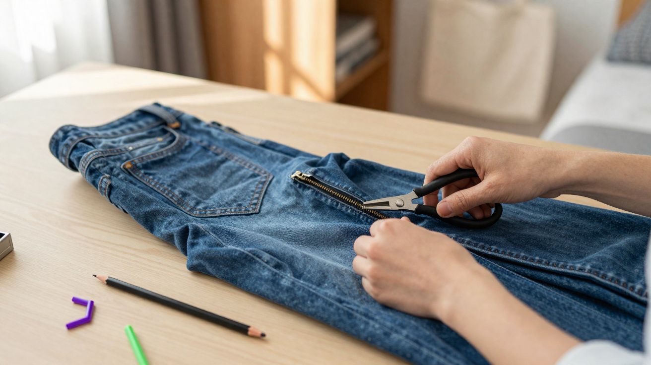 Pessoa cortando o zíper de uma calça jeans azul sobre uma mesa de madeira clara.