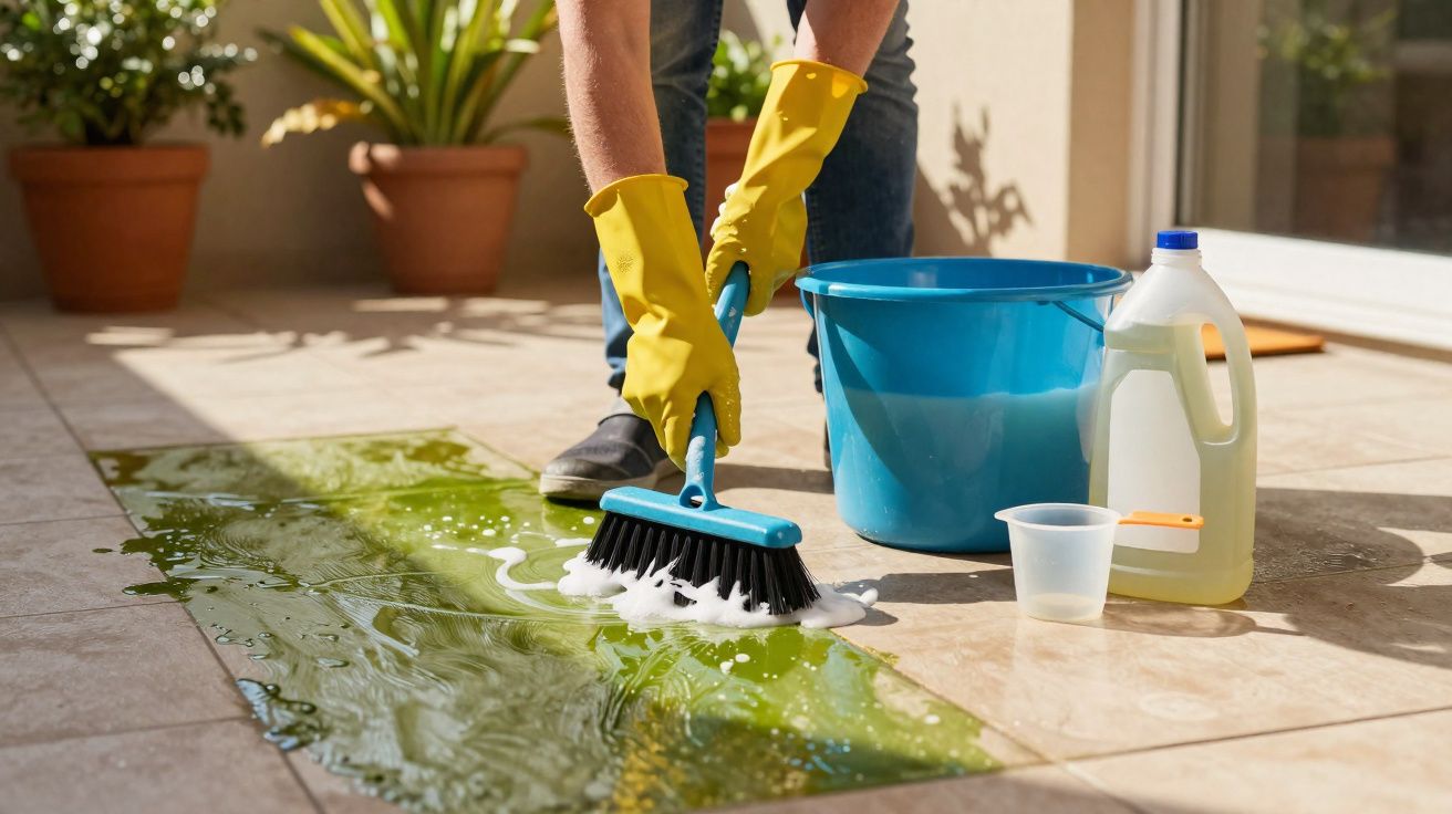 Pessoa limpando chão com escova, balde azul e luvas amarelas, removendo sujeira verde em área externa.