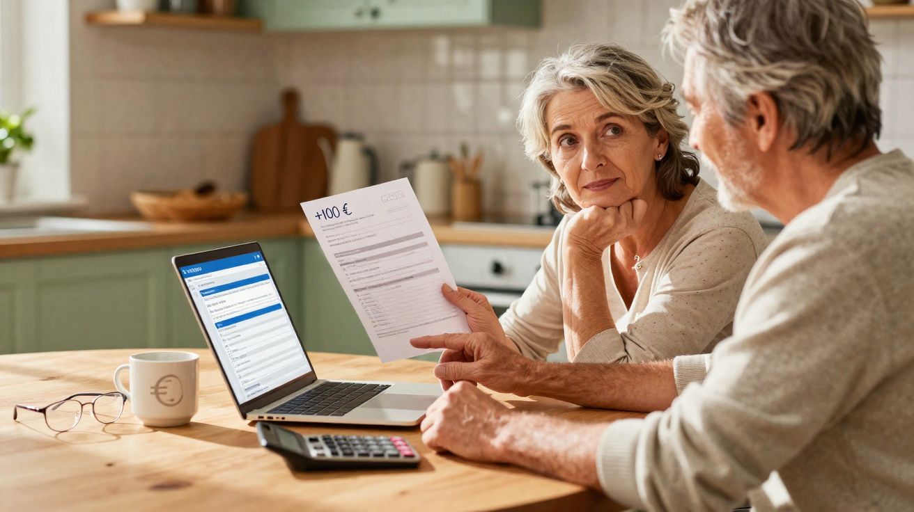 Casal maduro discutindo finanças à mesa com laptop, documento e calculadora na cozinha.
