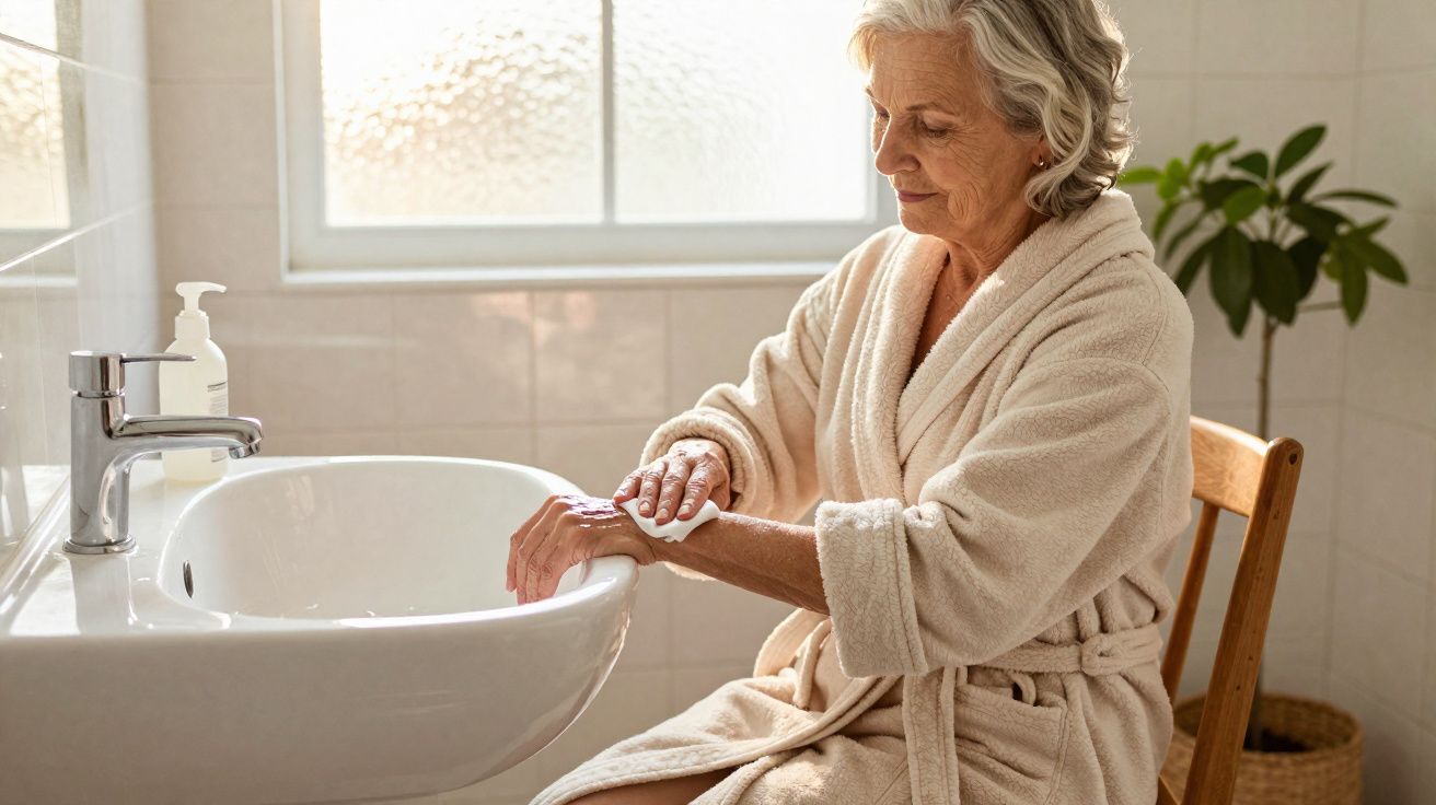 Mulher idosa em roupão hidratando as mãos sentada em cadeira ao lado de pia em banheiro iluminado.