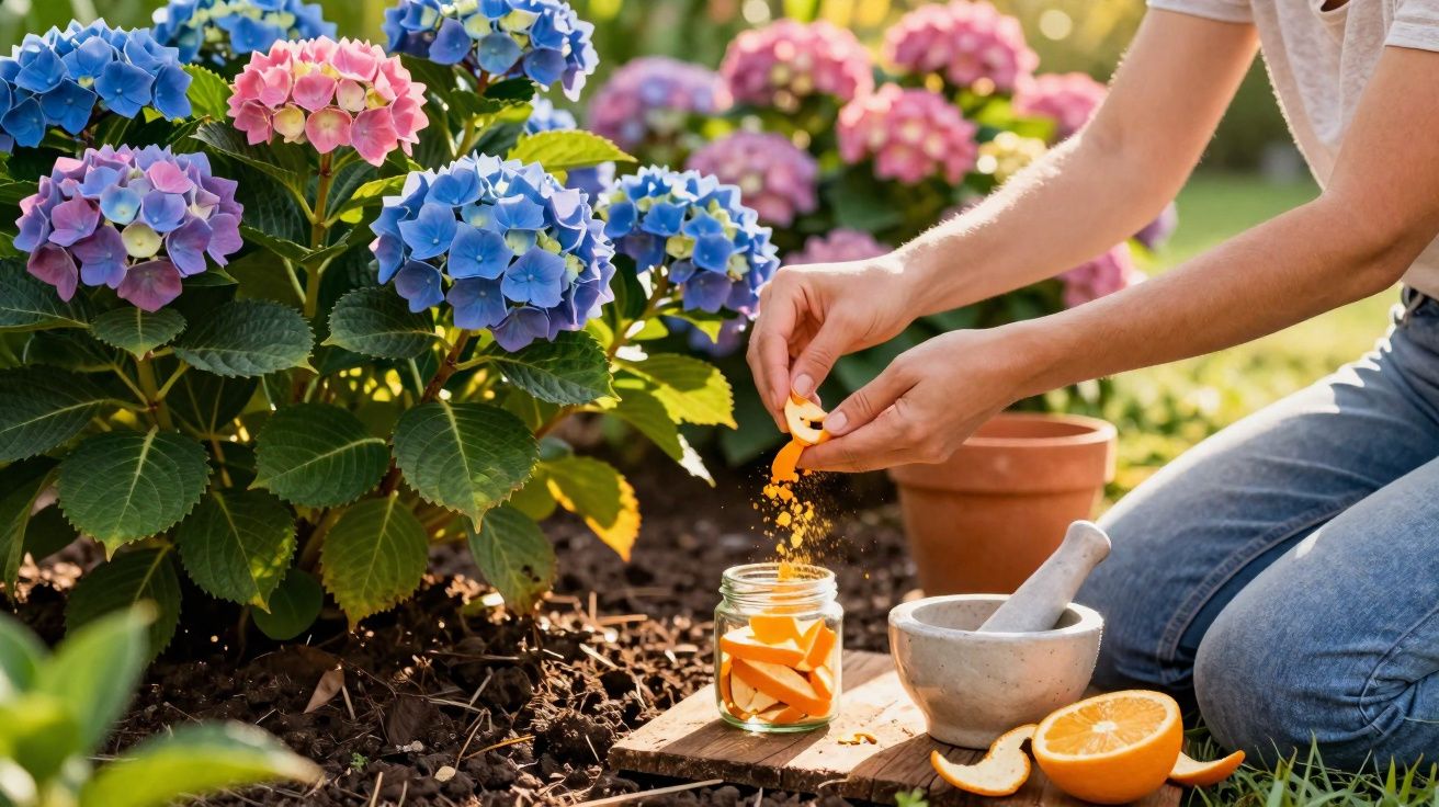 Pessoa esmigalhando cascas de laranja para colocar em pote ao lado de hortênsias coloridas em jardim.