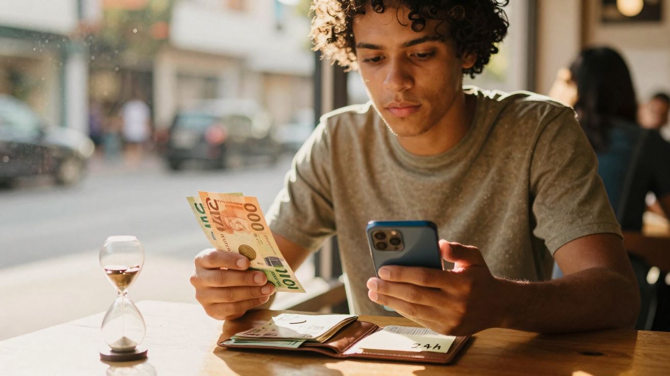 Jovem sentado à mesa segura dinheiro e celular em ambiente iluminado com ampulheta ao lado.