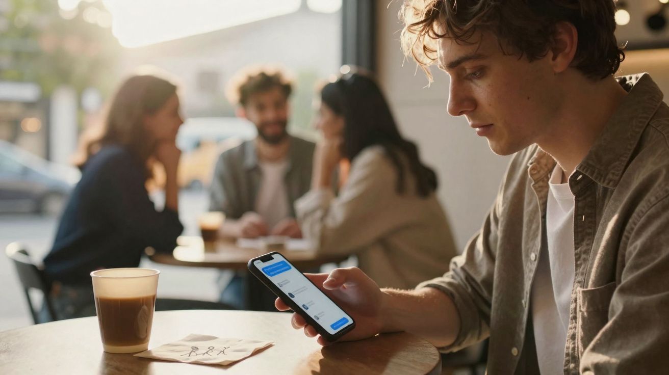 Jovem usando celular sentado em mesa de café, com três pessoas conversando ao fundo desfocado.